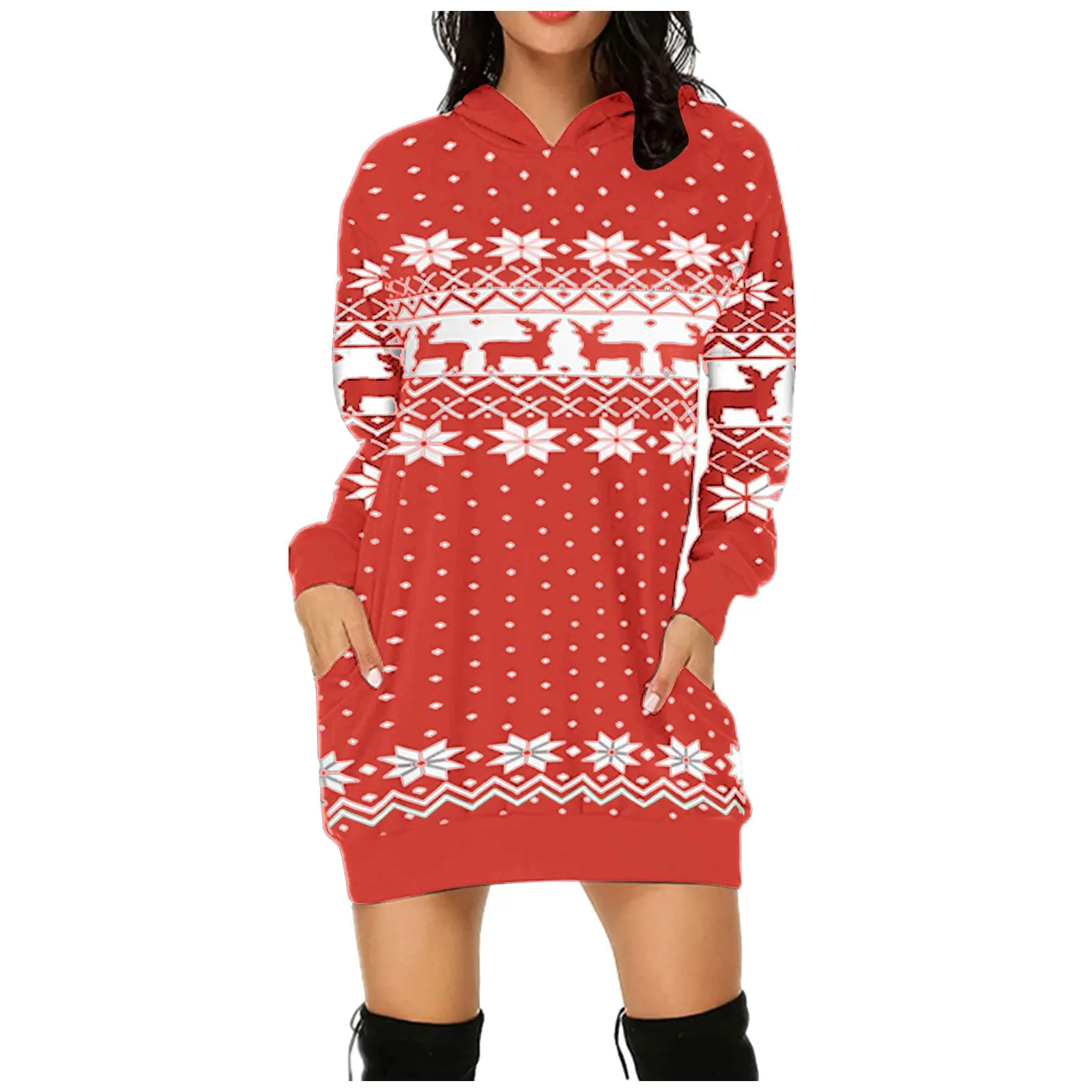 

Autumn and Winter Christmas Elements Elk Snowflake Women's Long Sleeve Hooded Knee Length Sweater Dress