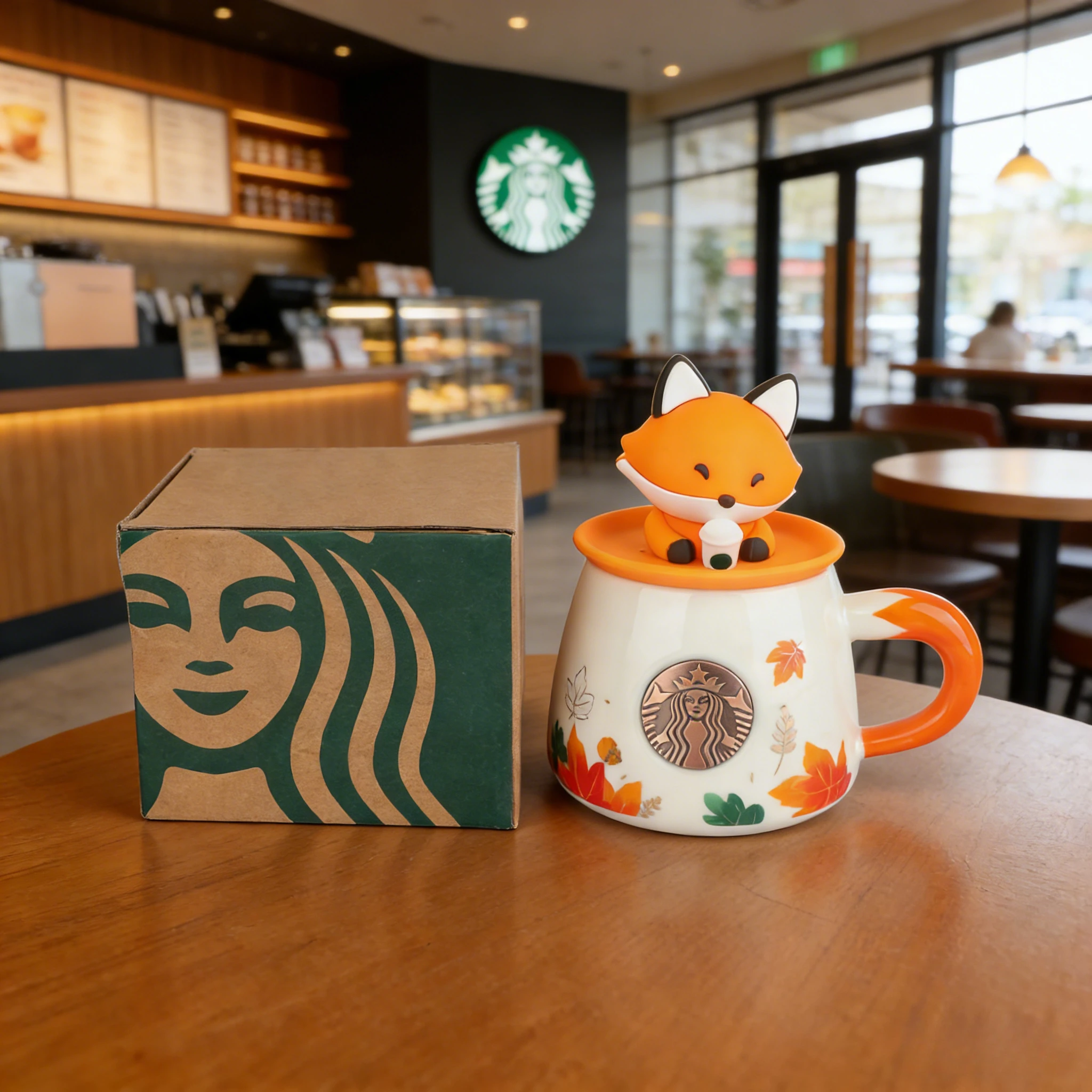 Taza de Cerámica Starbucks con Diseño de Hoja de Arce y Bosque Otoñal, 300 ml, Taza de Café con Dibujo de Zorro, Taza para Agua