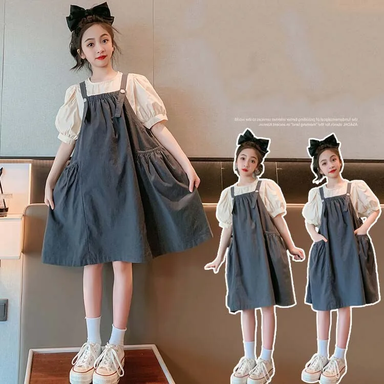 2024 Korean Summer Children Girl 2PCS Clothes Set Teenager Girl Peter Pan Collar Shirt+Suspender Skirt School Girl Casual Suit