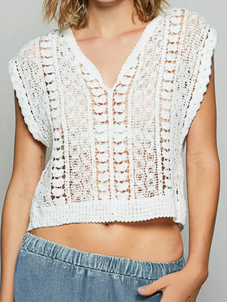 Sleeveless V-neck Crochet Top Openwork Knitted Lace Blouse Beach Cover-Up Women Vacation Boho Spring Summer 2026