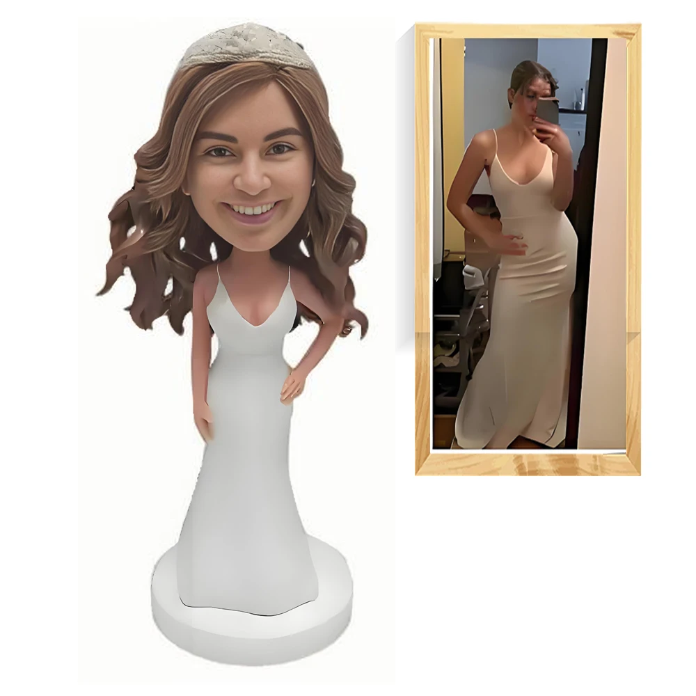 

Custom Wedding Dress Bobblehead Figure, Personalized Bridal Keepsake, Handmade Statue White Gown Based on Your Photo
