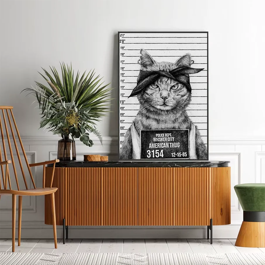 Funny Cat Mugshot Canvas Print American Thug Whisker City Black & White Sketch Wall Art Pet Home Decor Poster