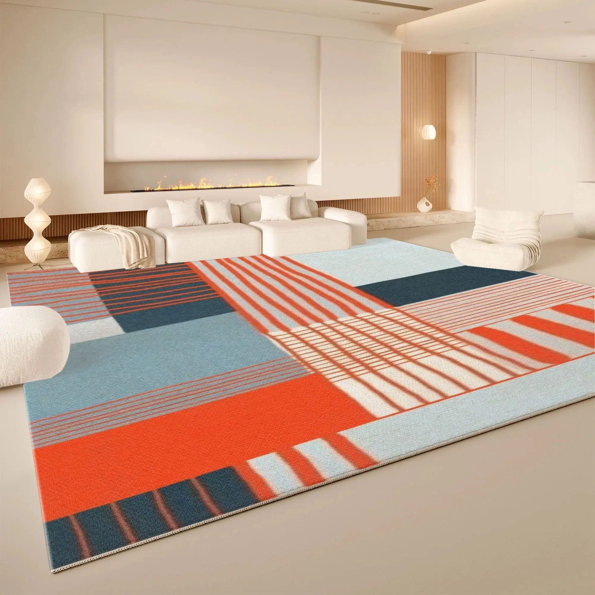 Tapis géométrique patchwork rouge et bleu VIKAMA, lavable, antidérapant, pour salon, tapis moderne abstrait neutre pour la maison