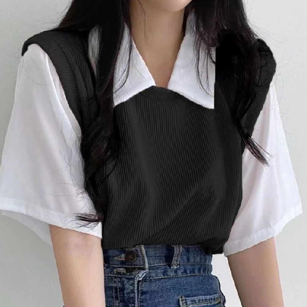 ルーズカジュアル多用途ラペルフェイクツーピースコントラストカラー半袖シャツ