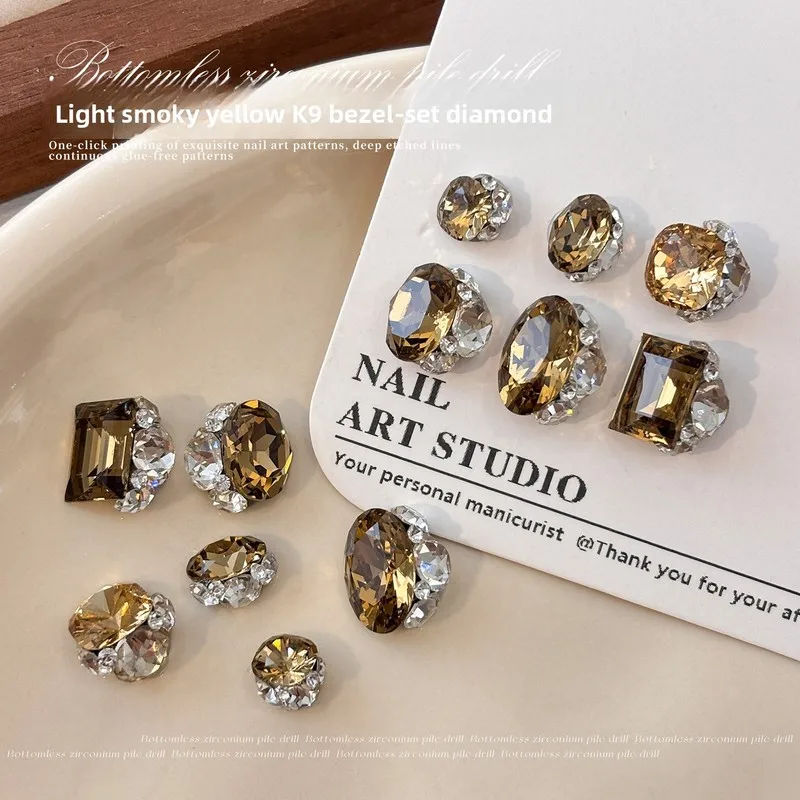 LYLE 3Pcs K9S Light Smoke Yellow No Base Stacked Rhinestone Nail Art Charms Trendy Luxury Rock Candy Chunky Square Big Ball Gems