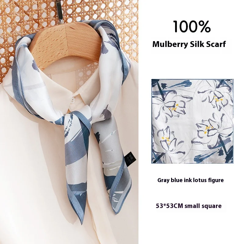 53Cm satin blue printed silk neck small square scarf 100 mulberry silk scarf OL versatile 2025 new silk scarf