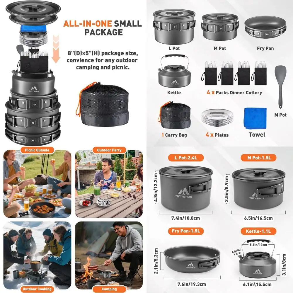 طقم أدوات طهي للتخييم 27 قطعة تتسع لـ 2-4 أشخاص، طقم أواني طهي محمولة مع غلاية وأواني ومقالي، أواني من الفولاذ المقاوم للصدأ، أطباق #1