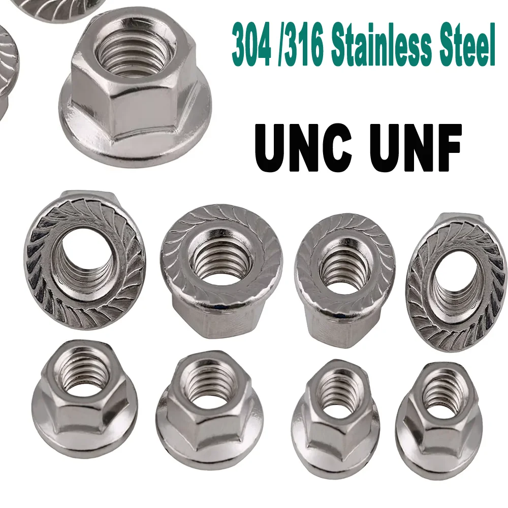 DIN6923 Flange Hex Nuts A2/A4 Stainless Steel, UNC UNF 6#8#10# 1/4-1/2 Serrated Anti-Lock Pinking Nuts