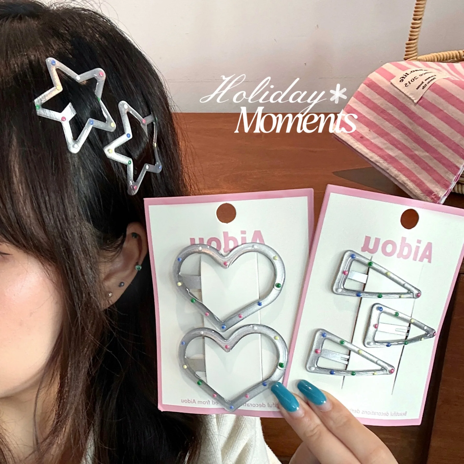 Korean Y2K Silver Star Openwork Coloured Polka Dot Hair Clip Cute Bangs Clips Hair Decor Side BB Clips For Girl Hair Accessories