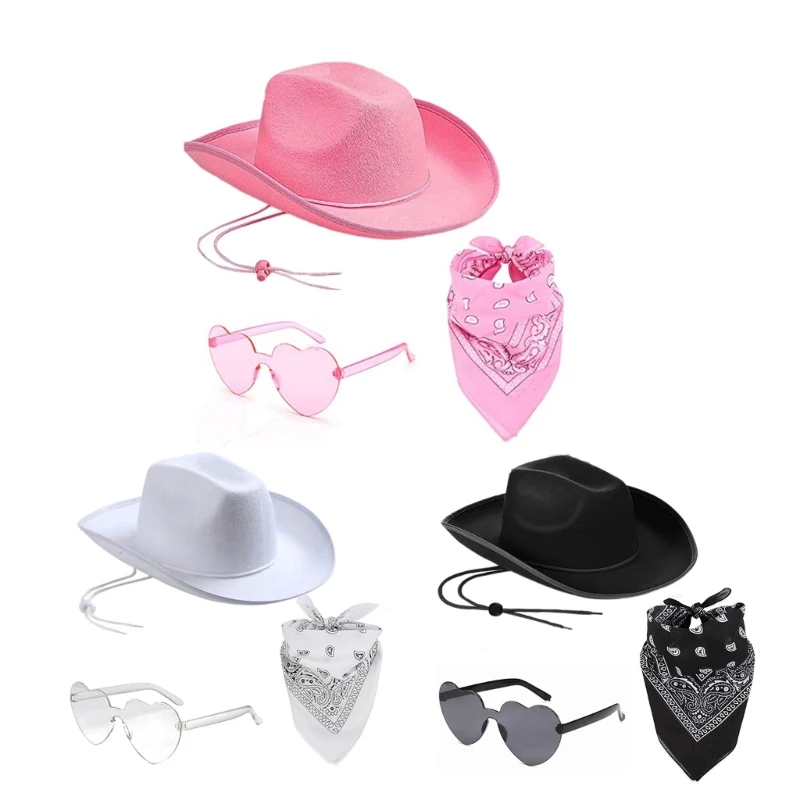 Y166 Cappello da Cowgirl Costume da Donna Cappello Occhiali da Sole Sciarpa Set Accessori Femminili