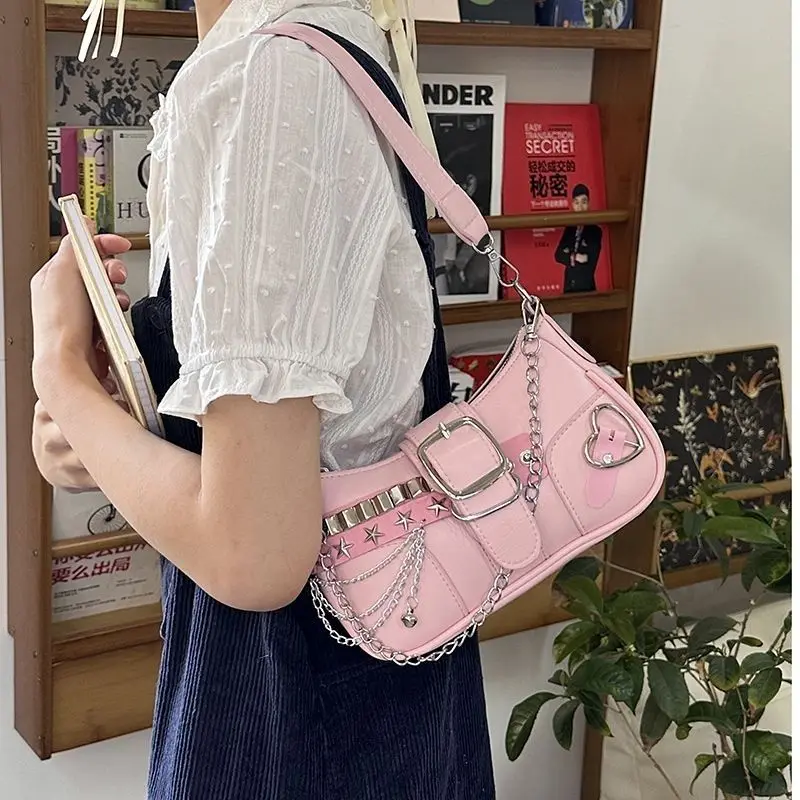 موضة الساخن بنات ساحة حقائب كتف ريترو برشام ستار المرأة حقيبة تحت الإبط الحلو بولي Leather جلد الإناث حقائب يد بسلاسل محفظة الوردي