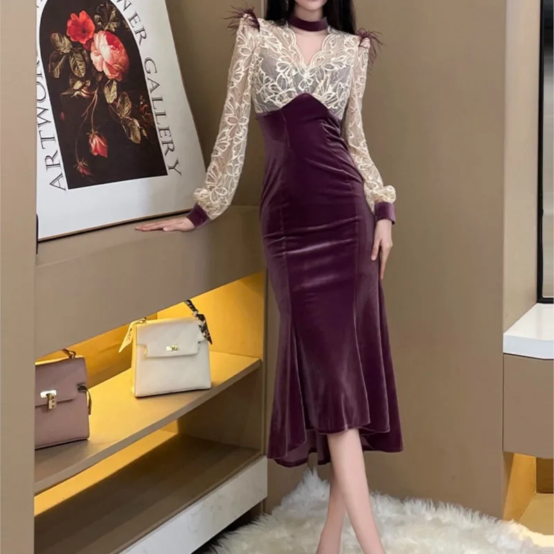 

Lace splicing velvet banquet usually can wear fishtail long dress