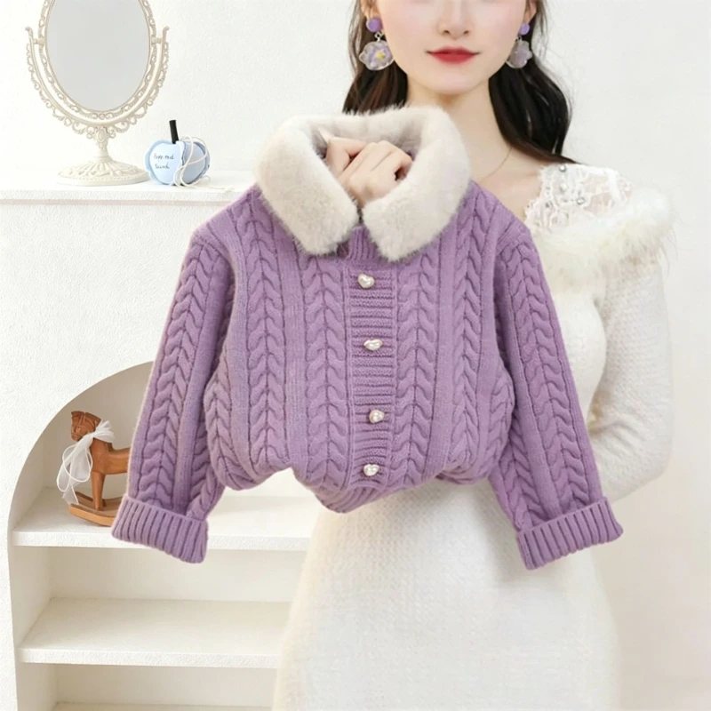 2026 Winter New Wool Collar Splice Knitted Fried Dough Twists Unit Solid Color Thick Button Sweater