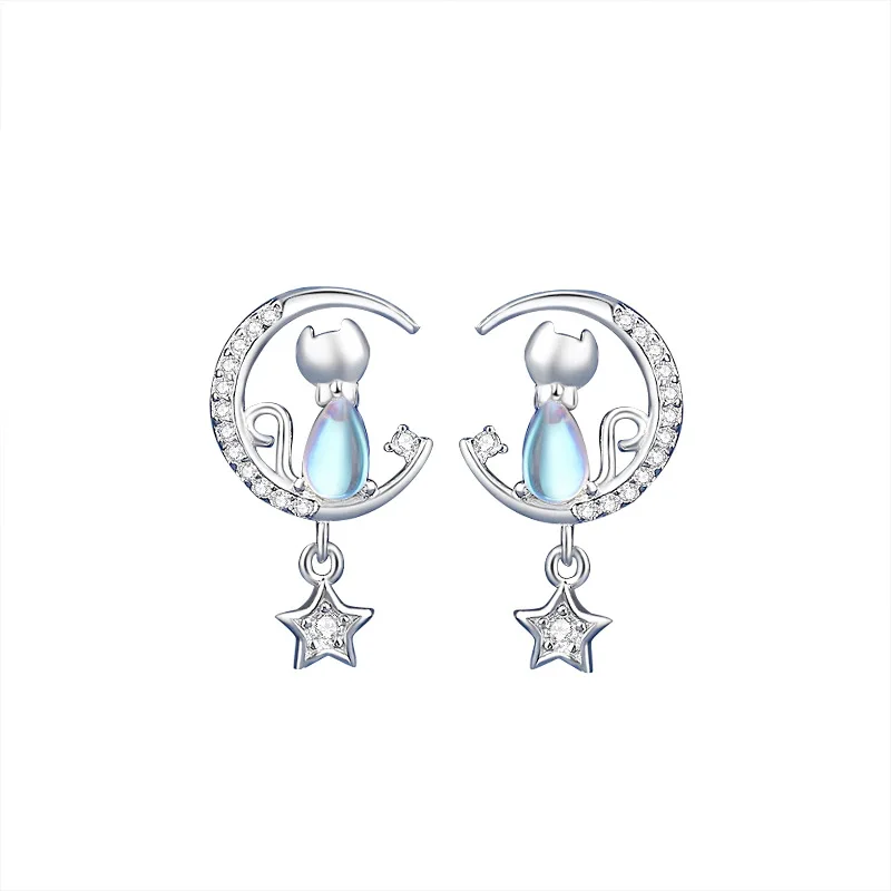 RYJU-925 Sterling Silver Moon Cat Stud Brincos para Mulheres, Moda Bonito Moonstone Brincos, Festa De Casamento Jóias, Presente De Aniversário