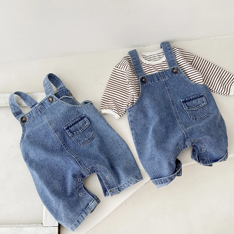 2024 Autumn  Baby Girls Boys Infant Casual Suspender Jeans Pant and Stripe T-shirts