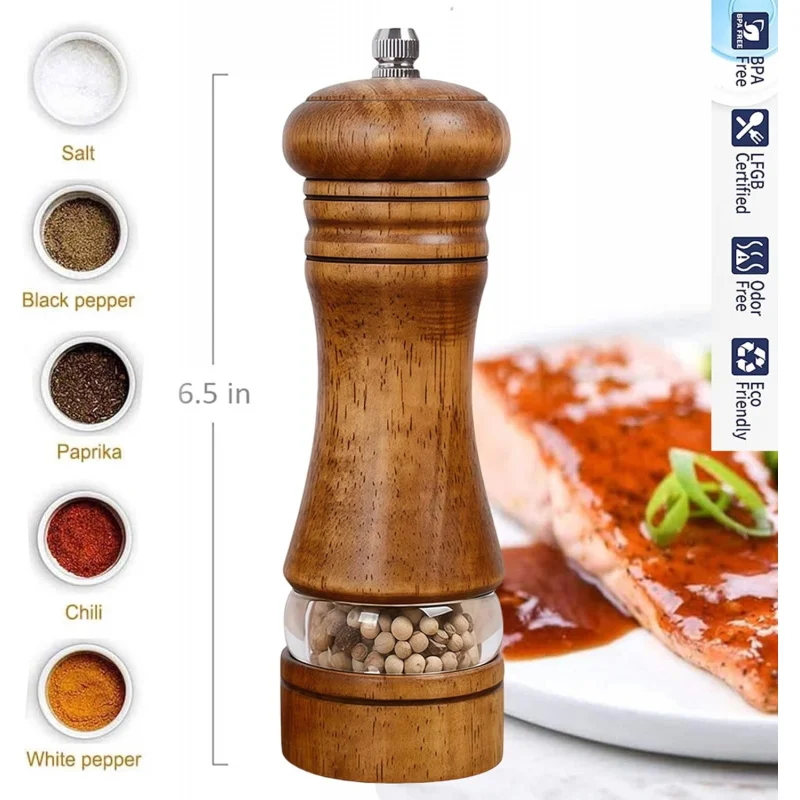 Wooden Pepper Grinder, Salt and Pepper Mills, Adjustable Coarseness with Ceramic Blades, With Visible Window