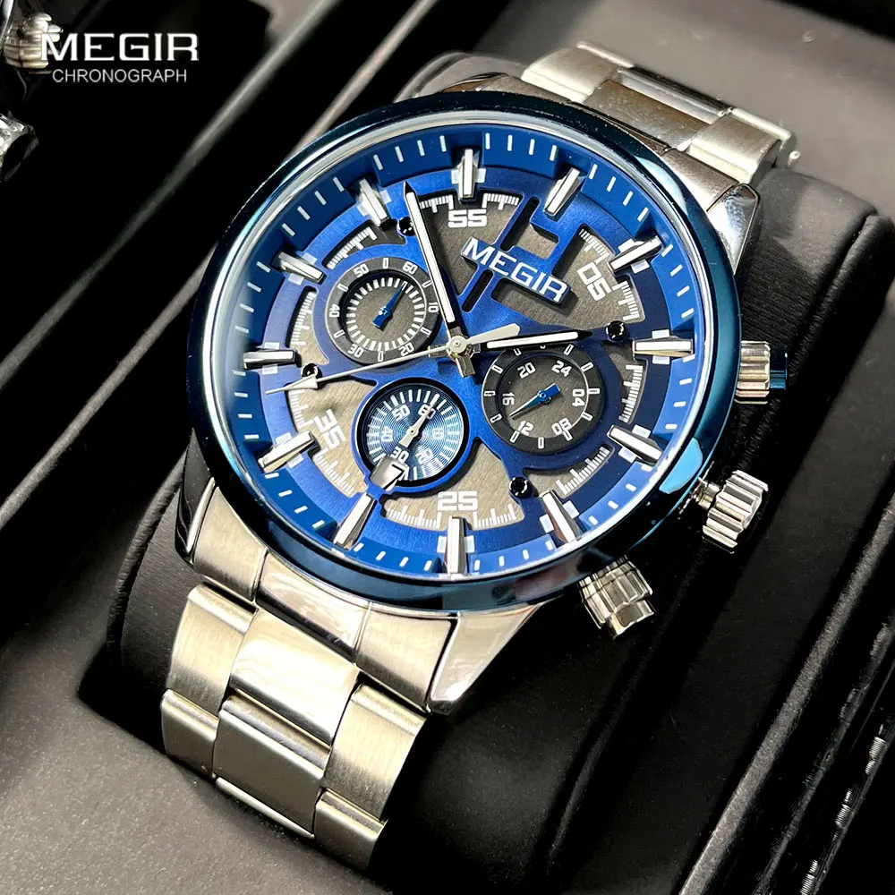 MEGIR Silver Blue Stainless Steel Quartz Watch for Men Fashion Chronograph  Analog Dress Wristwatch with Date Luminous Hands