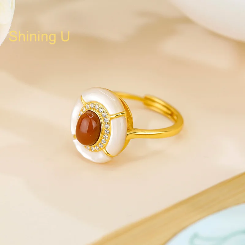 

Shining U S925 Silver Shell Southern Red Agate Open Ring for Women Fine Jewelry Gift