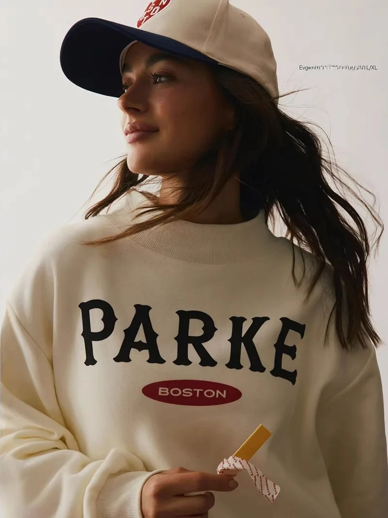 

Spring 2026 Women's Cotton Hoodie Sweatshirt High Collar Loose Fit round Neck Letter Print Casual Style Long Sleeve Shirt