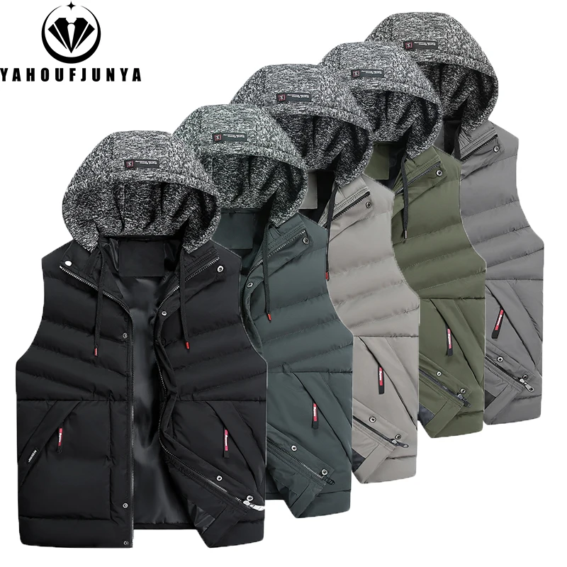 Men Autumn Sleeveless Fleece Pocket Zipper Solid Warm Vest Men Winter Detachable Hooded Outdoor Leisure Fashion Vest Male Coat