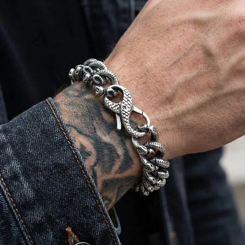 Steampunk Rock Snake Bracelet for Men In Waterproof Stainless Steel Skeleton Man Bike Jewelry His Gifts