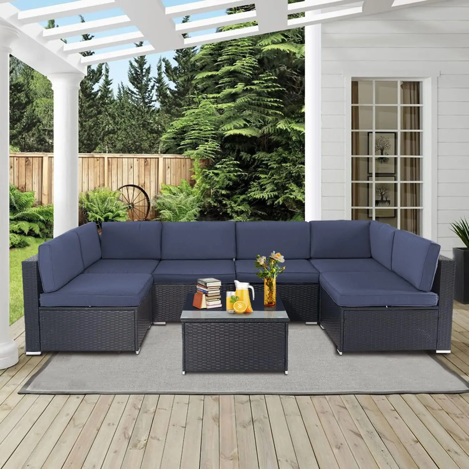 Outdoor Patio Sofa, All Weather Black Brown Wicker Sectional Furniture, Conversation Set with Washable