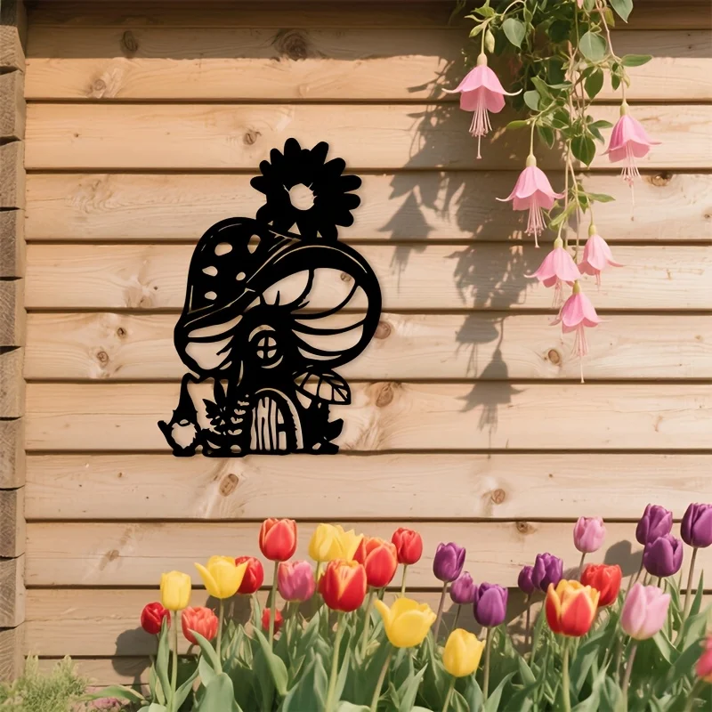 Gnome Mushroom House Metal Wall Art Iron 2D Flat Floral Sculpture Garden Patio Hanging Mural Rustproof Whimsical Decor Gift