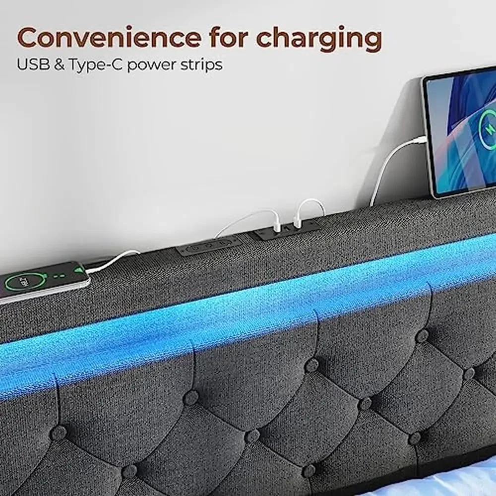 إطار سرير مزدوج حديث، أضواء LED، أدراج محطة شحن USB، قماش كتان رمادي