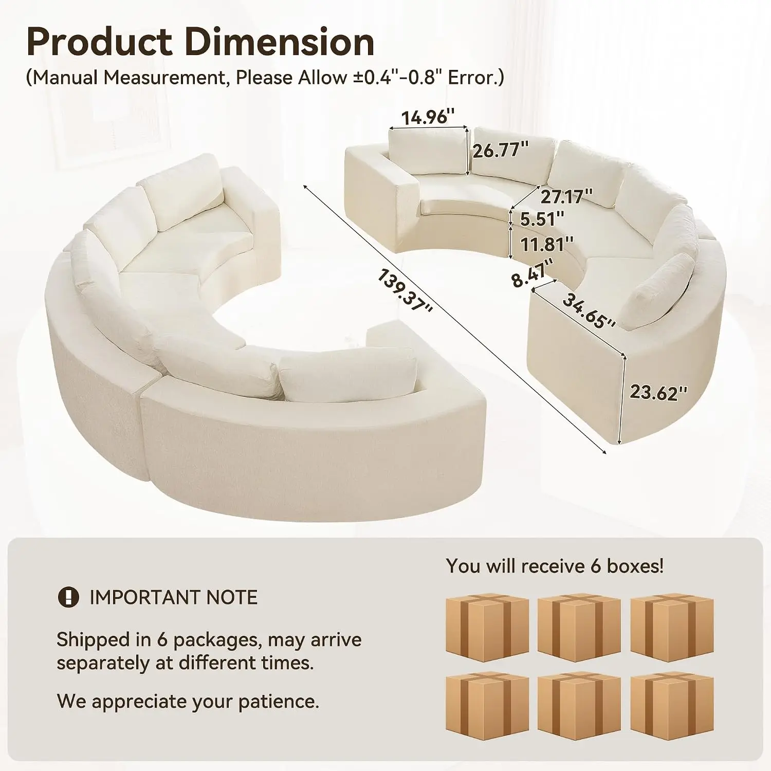 Oversized Half Moon Couch Sets with Deep Seat, Curved Boneless Couches for Living Room, 12 Seater Modular Sectional, Customized