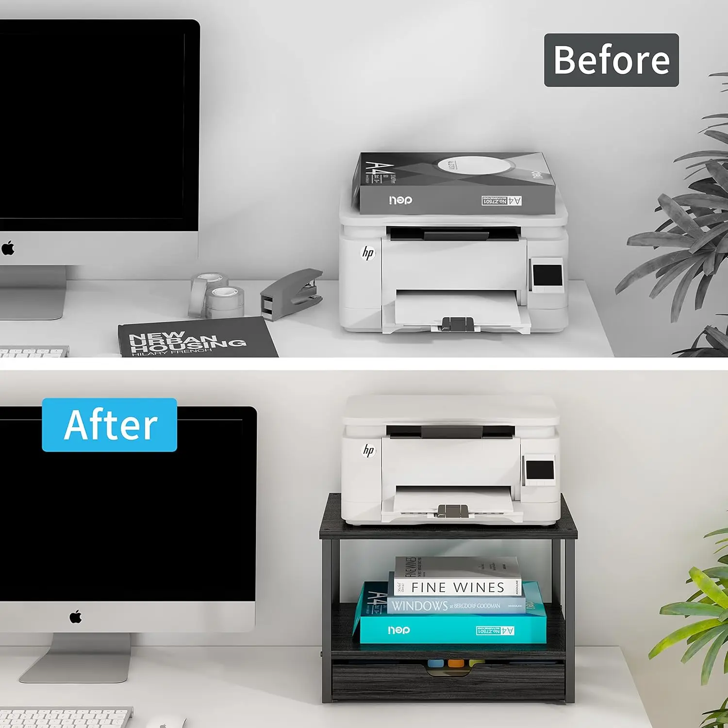 2段デスクトッププリンタースタンド、スライド式木製収納引き出し付き、ファックス機用多目的デスクオーガナイザー