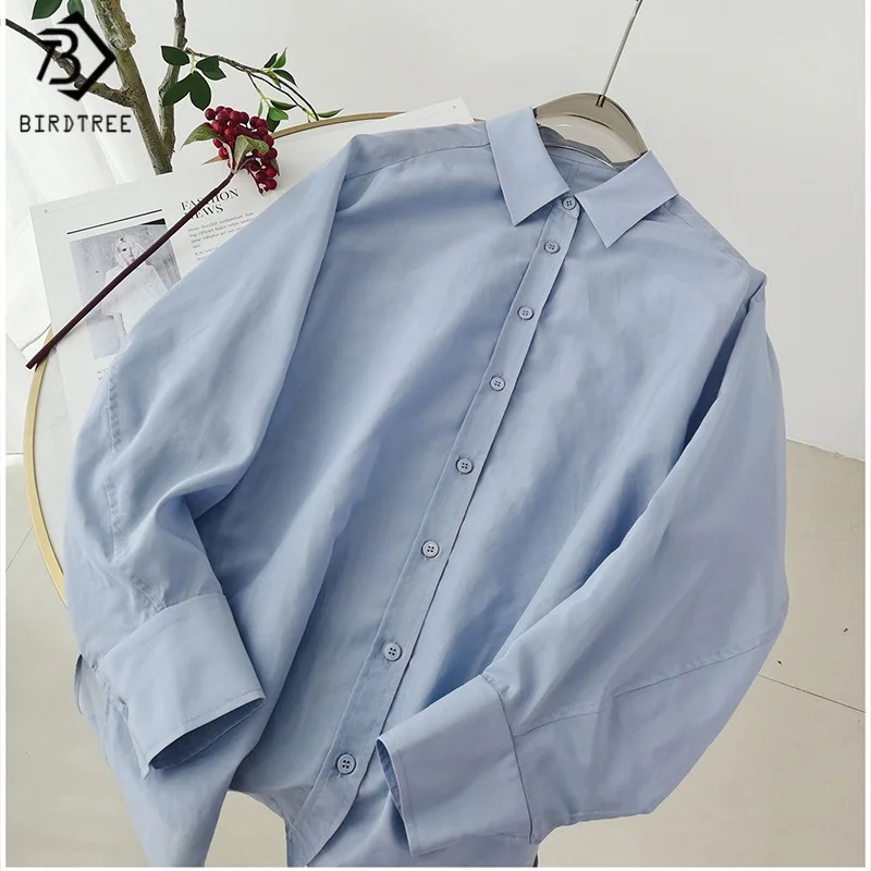 

Birdtree,28.8% Silk 71.2% Cotton Blouse,Women's Solid Lapel Casual Shirts,Full Sleeve Tops,2025 New Shirt T5D312JF
