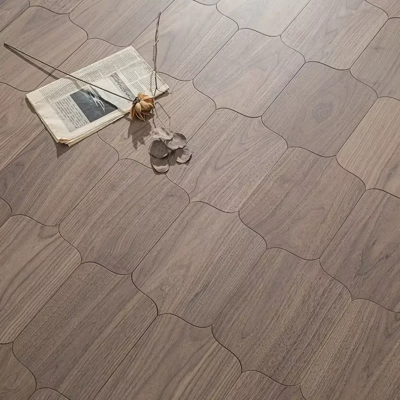 Black Walnut Auspicious Heart-Shaped Parquet Wooden Flooring Irregular Curved Patterned Multi-layer Solid Wood Composite