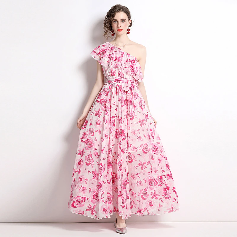 

New Summer Holiday Party Boho Maxi Dress Women's Off Shoulder Chiffon Floral Print Ruffles Inclined Shoulder Loose Elegant Dress