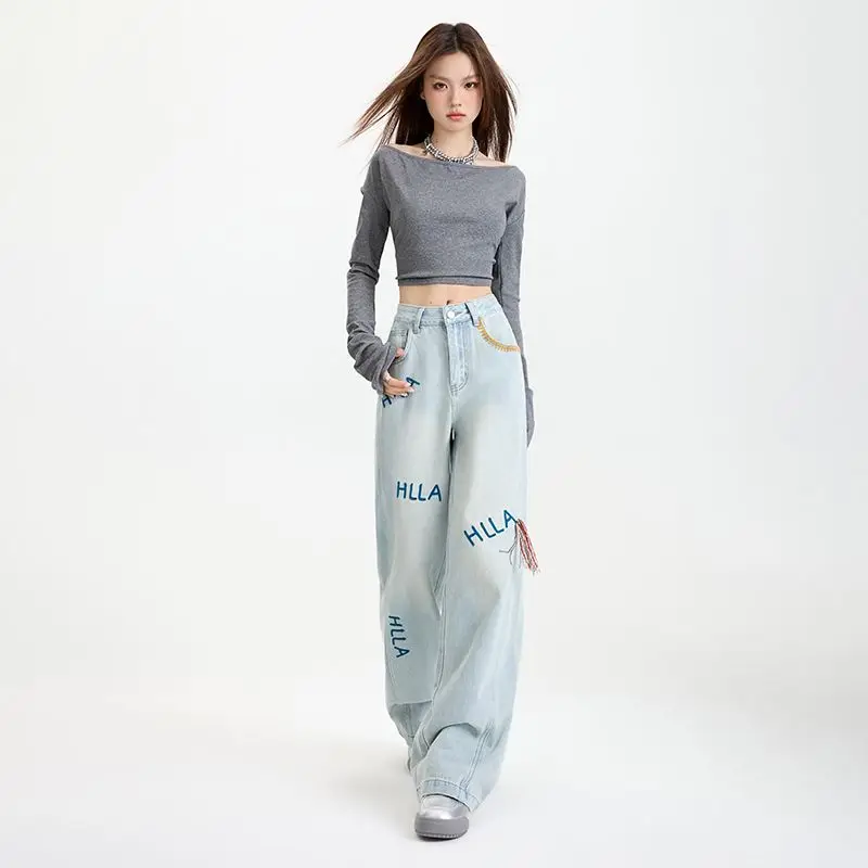 Women's Personality Embroidery and Wave Blades Design High Waist Flare Jeans, Comfy and Stylish Denim Pants for Any Occasion