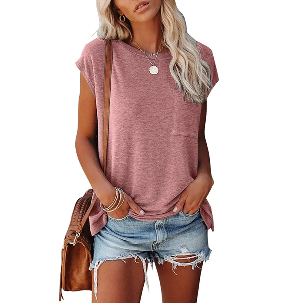 

Summer Women's Short-sleeved T-shirt Fashion Pullover Top Temperament O-Neck Slit Comfortable Fabric Pocket Casual Tees