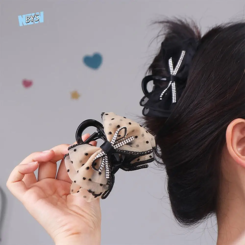 

Elegant Plastic Mesh Bow Hair Claw Grab Clip Korean Style Bow Claw Clip Hair Accessories Headdress Rhinestone Shark Clip girl