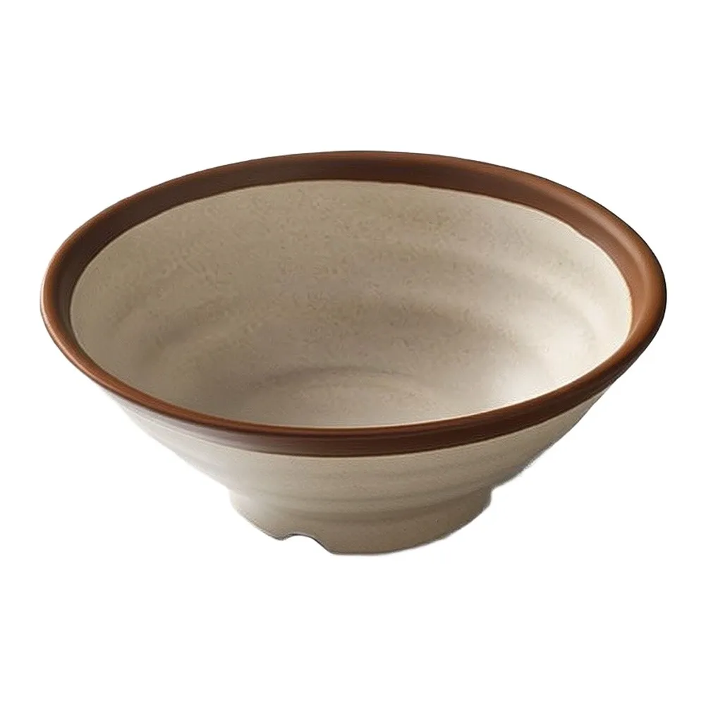 Two Size Melamine Deep Bowl Brown Rim for Cold Dishes Noodle Soup Rustic Wavy Design 800ml 1500ml Beige Brown Tableware
