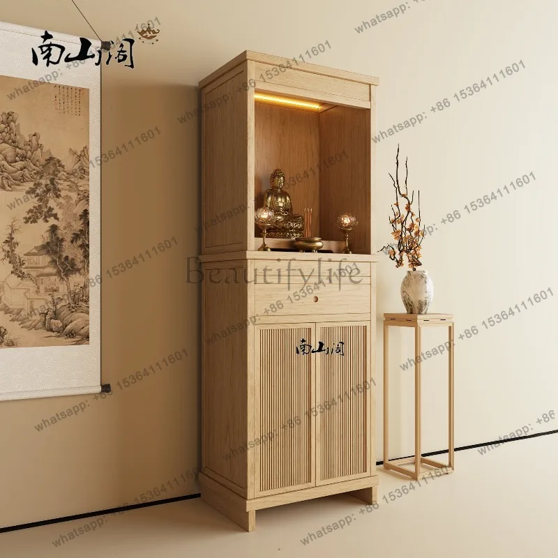 YJ New Chinese Solid Wood Standing Shrine Cabinet Log Color Home Altar Table With Door For Guan Yu Worship Cabinet