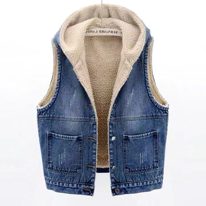 خروف الفراء اصطف Thiened مقنعين سترة جينز المرأة فضفاضة القطن سترة ملابس خارجية الخريف الشتاء جديد Sle تخفيف Sle لون نقي