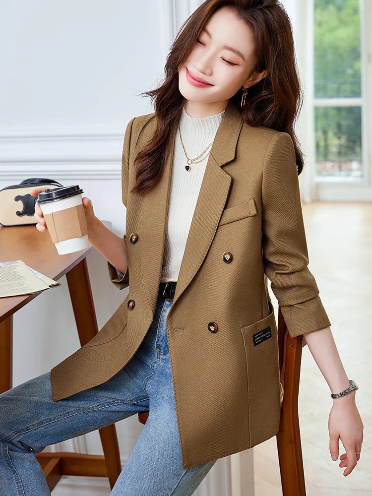 S-4XL High Quality Khaki Black Women Blazer Fashion Autumn Winter Ladies Casual Jacket Female Long Sleeve Coat With Pocket