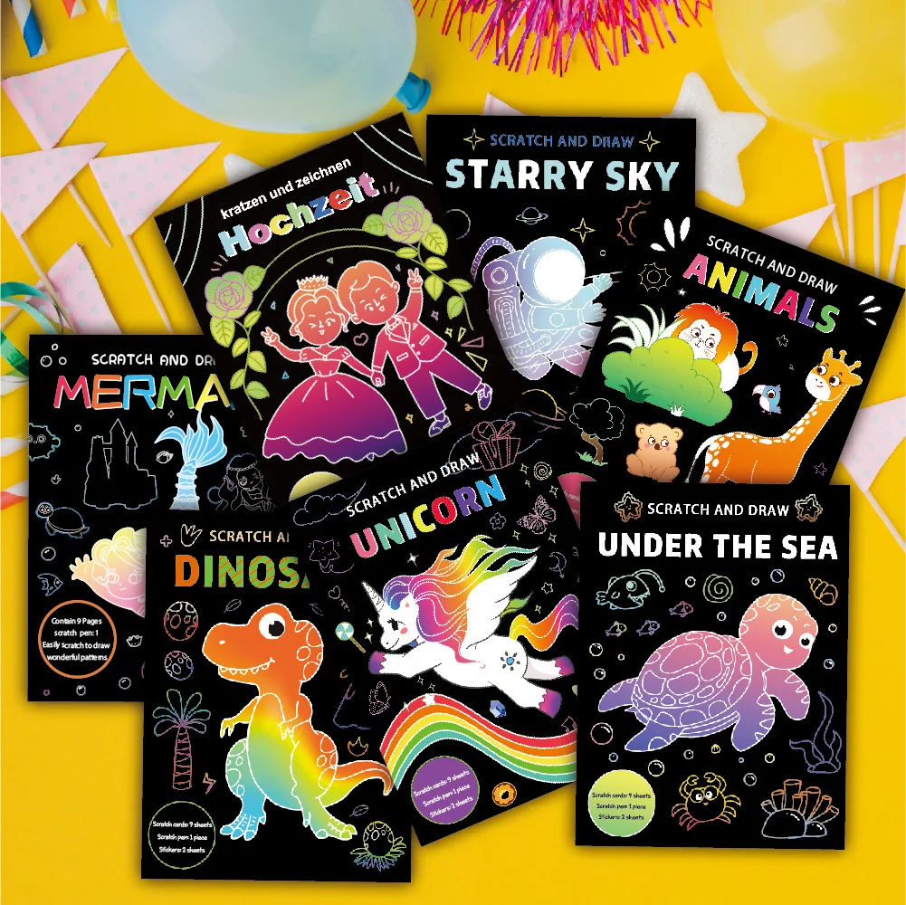 New Children Scratch Painting Handmade DIY Creative Graffiti Unicorn Mermaid Theme Colouring Scratch Painting Birthday Gift