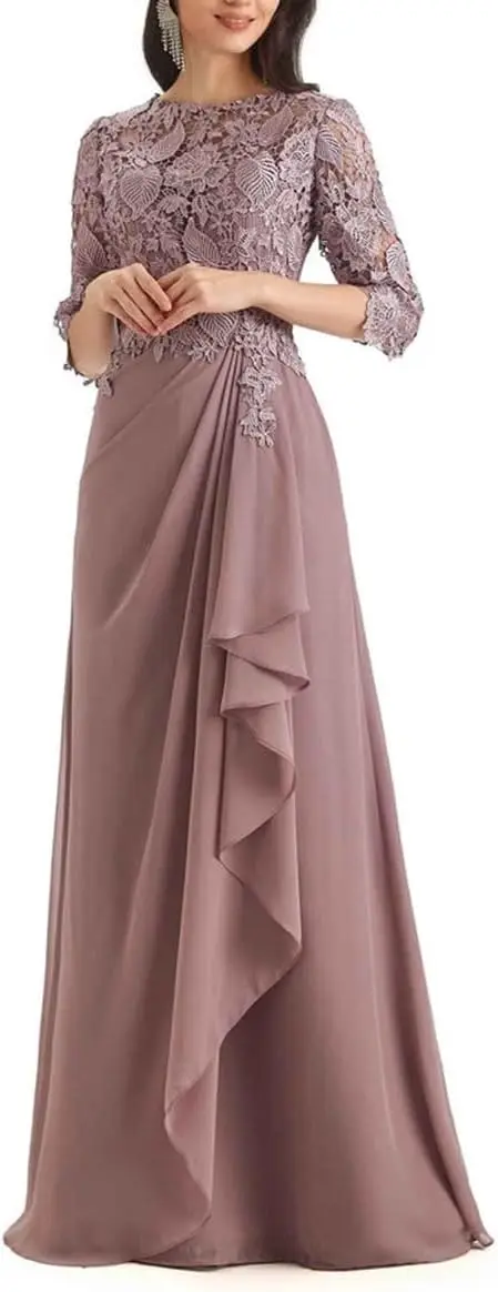 ชุดแม่เจ้าสาว ผ้าชีฟองจับจีบ แขนยาว คอทรงกลม แต่งลูกไม้ สง่างาม ดูดี มีระดับ ชุดราตรี ชุดออกงานสำหรับคุณแม่