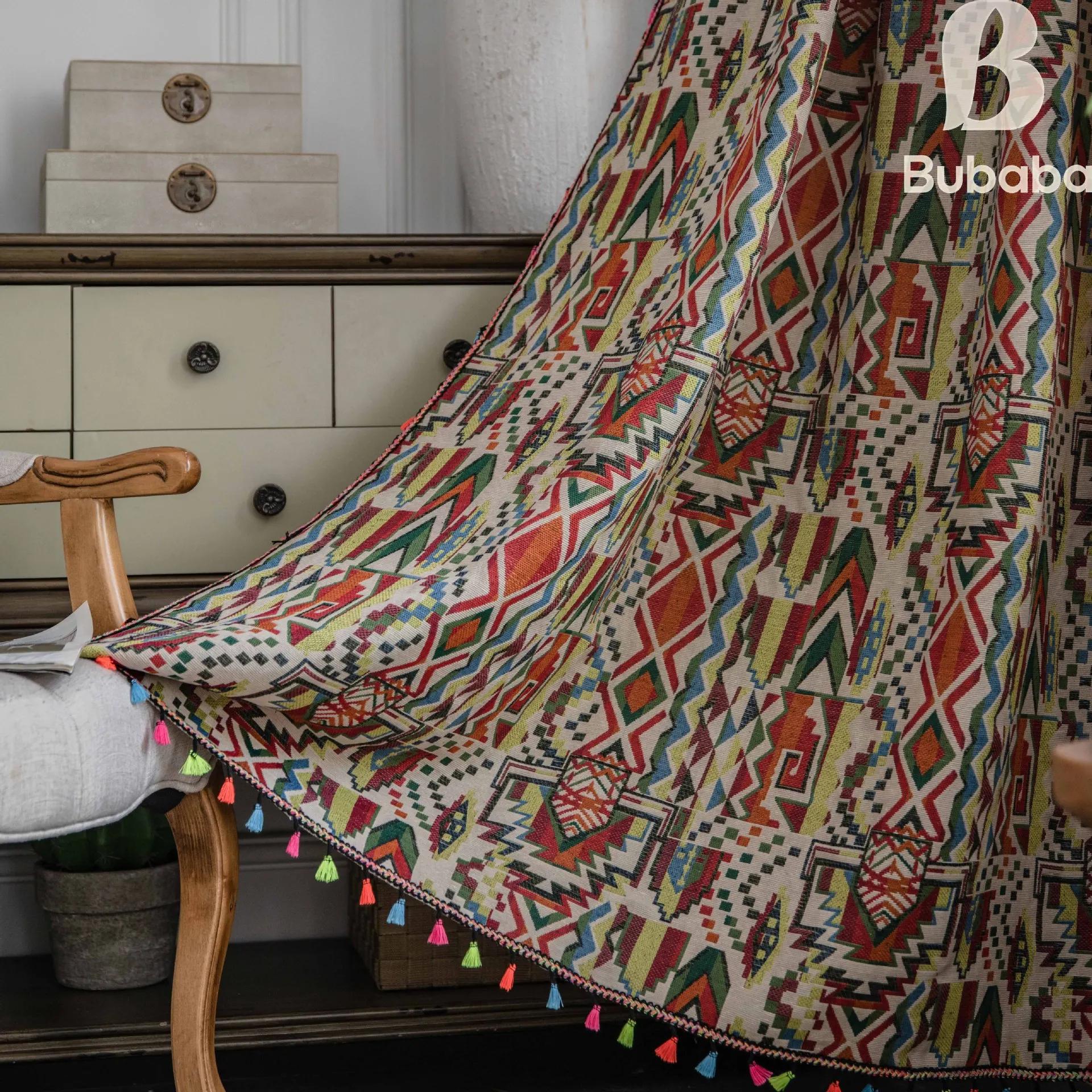 Vintage Bohemian Style Tassel  Cotton Linen Curtain for Living Room Semi-transparent Window Drapes Rod Pocket
