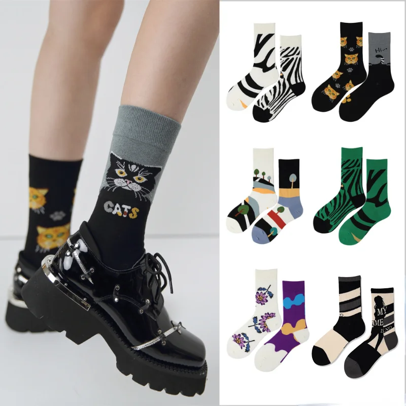 Comb cotton AB socks, flowing cream, animal geometry, medium tube socks, fashionable street socks for men and women couples