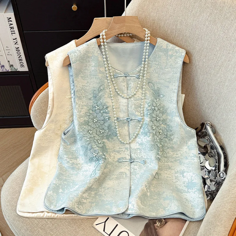 Women's Heavy Beaded Embroidery Vest National Style Comfortable Leisure Temperament round Collar Chinese Top - Detail 1