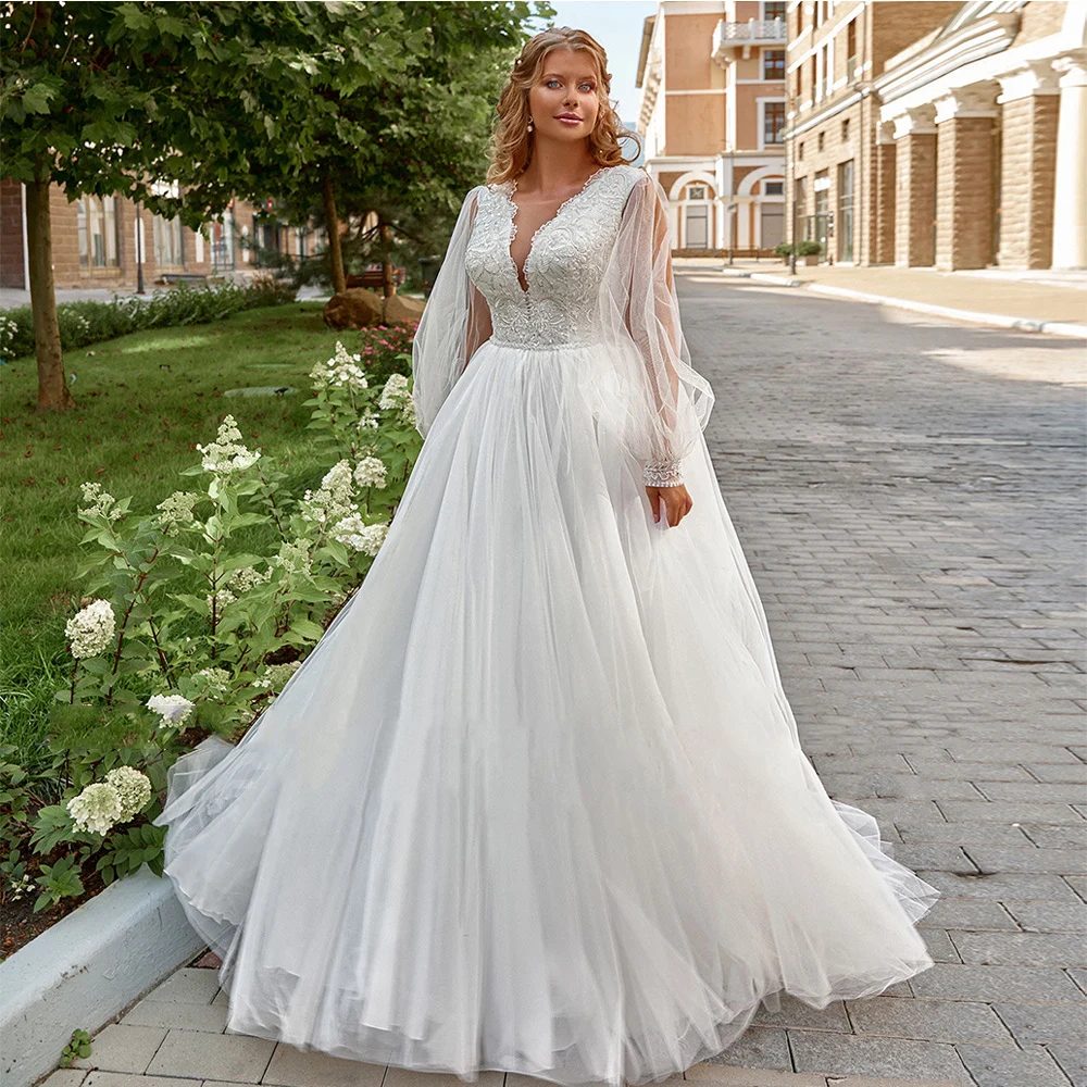 Pastroal Plus Size Wedding Dresses For Bride V-Neck Puff Sleeves Bride Gown Lace Applique Sweep Train A-Line Robe De Mariée