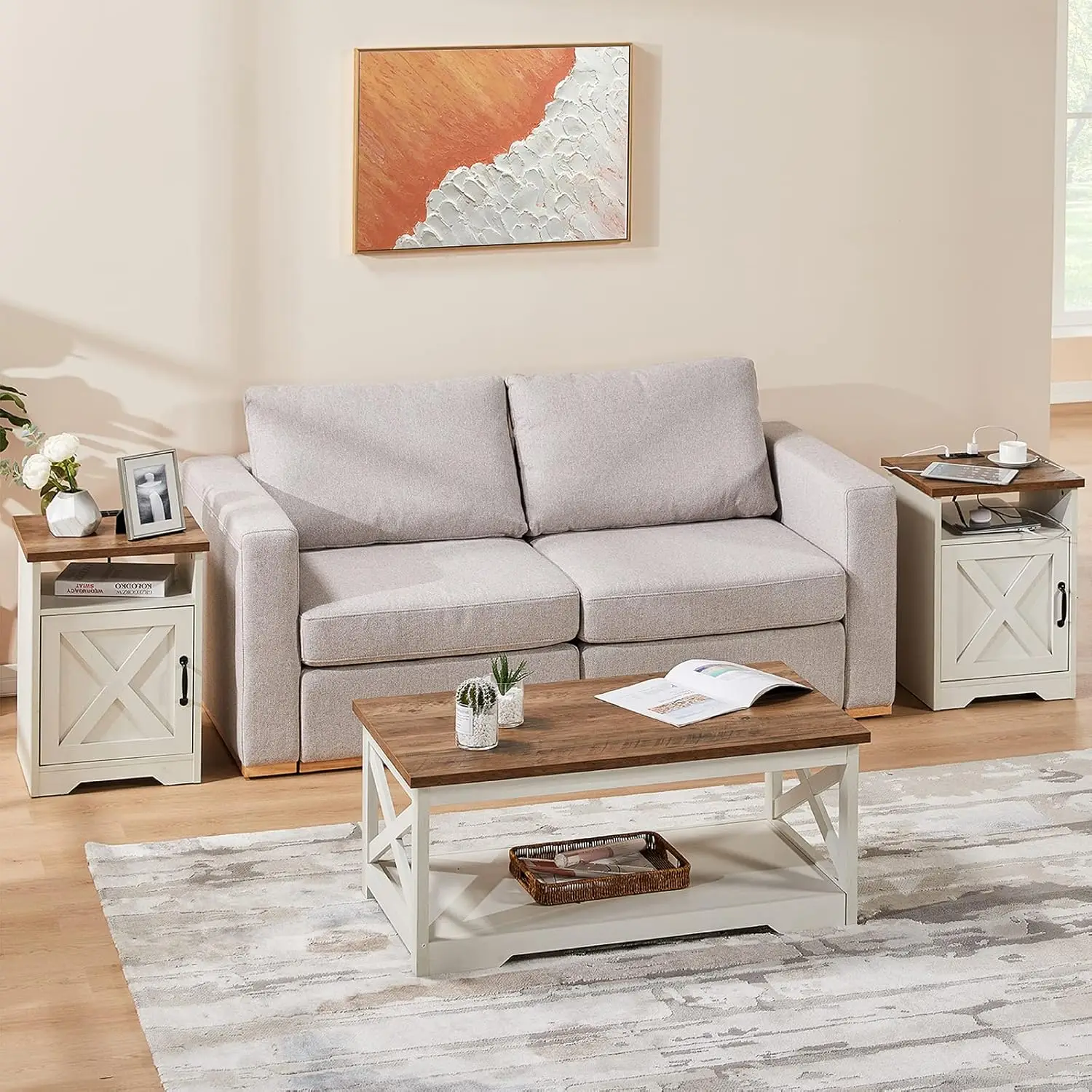 3-Piece Farmhouse Living Room Table Set with Coffee Table & 2 End Tables, Charging Station & USB Ports, Distressed White