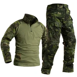 Set di abbigliamento da caccia per uomo uniformi tattiche BDU tuta da trekking all'aperto Camouflage t-shirt a maniche lunghe pantaloni da lavoro Cargo