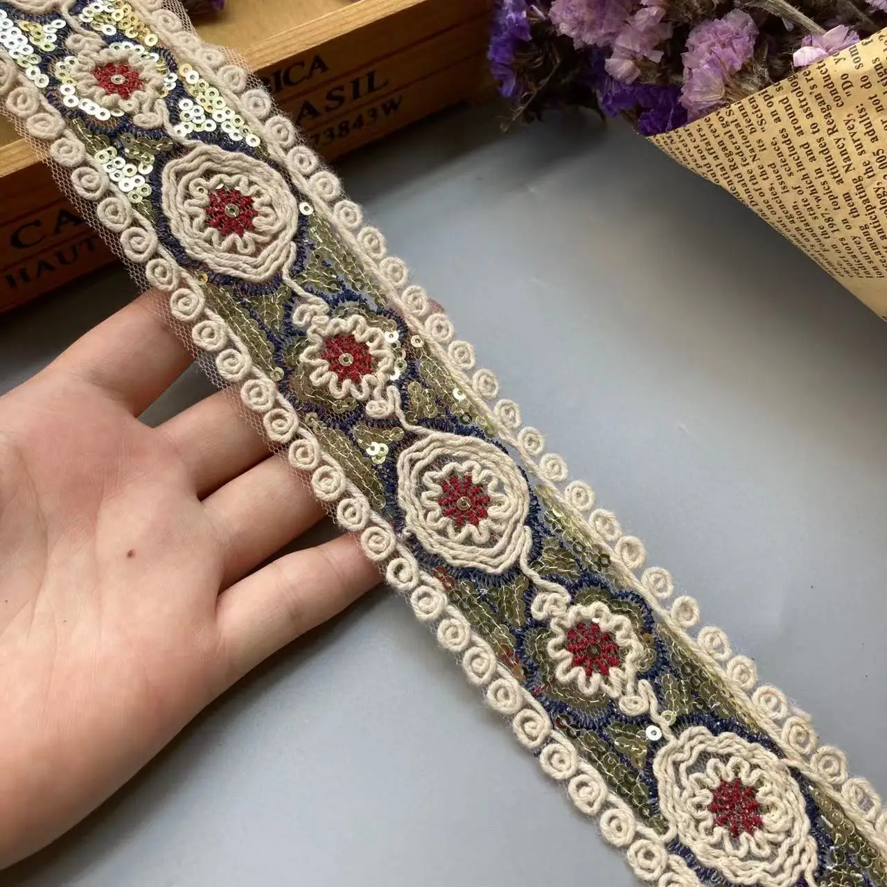 2 Yards 4.5cm Red Ethnic Gold Thread Sequins African Lace Trims Geometric Lace Ribbon DIY Sewing Dress Decoration Bridal Lace