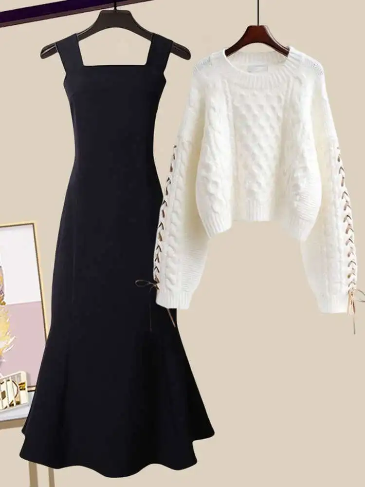 

Комплект из двух предметов: вязаный свитер и юбка-рыбка, белый, осенняя новинка, нежный женский стиль